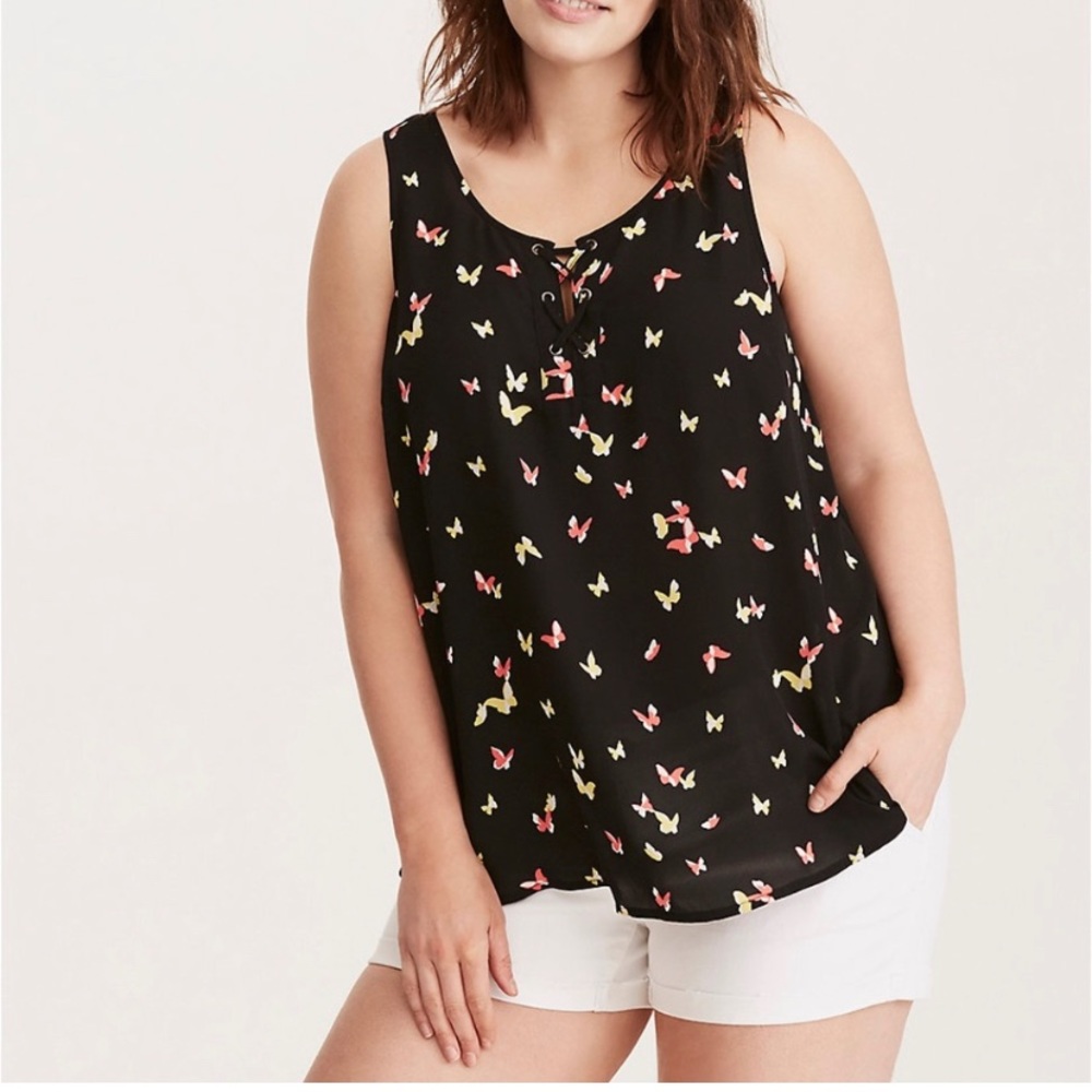 Torrid Chiffon Butterfly Print Lace Up Tank Top